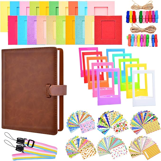 Sunmns Accessories Bundle Kit Compatible with Fujifilm Instax Mini 12 11 9 8 90 70 Instant Camera, Include Album, Film Stickers, Photo Frames, Hanging Frame, Strap (Brown)