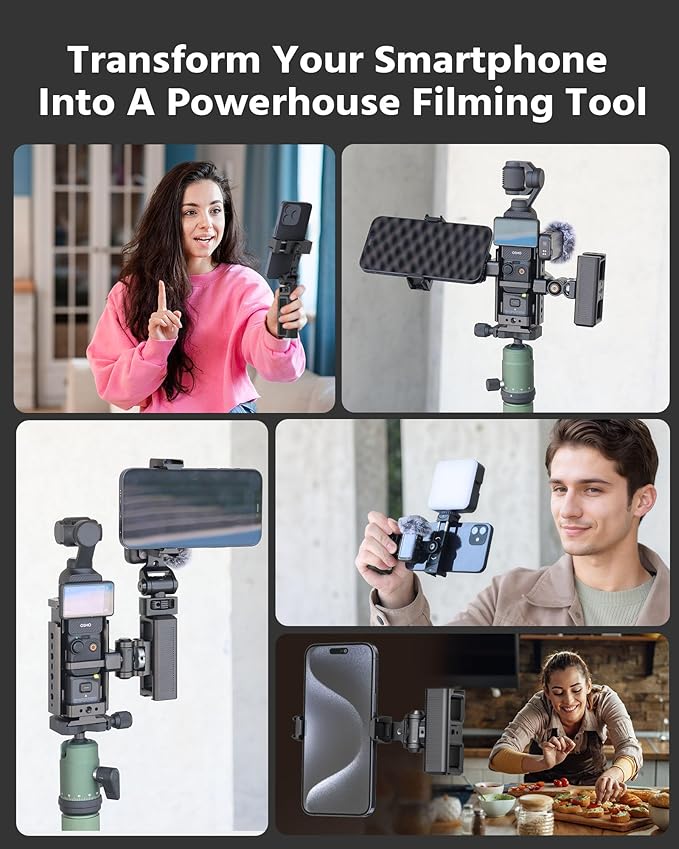 360° Phone Clip Mount with 1/4"-20 Screw & Locating Pins for Arri, Rotatable Phone Holder with 3 Cold Shoes for LED Lights, Mics