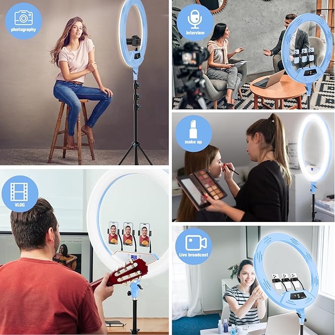 22" LED Ring Light, with 75" Tripod/LCD Display/3+1 Phone Clips/ 2 USB Ports/Wireless Remote, Adjustable 2600K-6500K Color Temperature, for YouTube Facebook Live TikTok Video Recording Vlog (Blue)