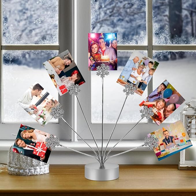 FaitAtten 7-Branch Family Desktop Photo Tree Holder Clip Round Base, Card Picture and Memo Desk Frame Display Stand for Wedding Party Christmas Photo Clip Holder Table Numbers (Snowflake)