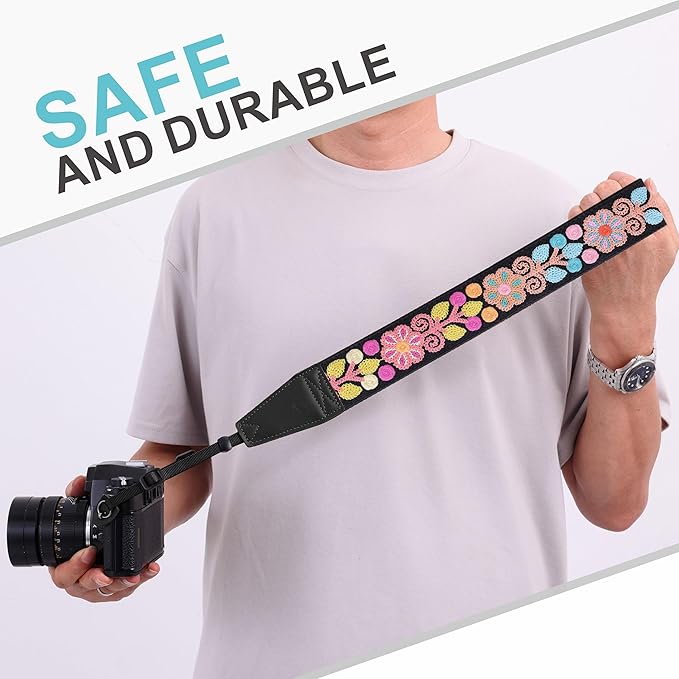 Padwa Lifestyle Colorful Crochet Camera Strap - 2" Full Grain Leather Ends Camera Straps for Photographers, Vintage Woven Cotton Soft Suede Fabric Padded Strap with Quick Release fits All Cameras
