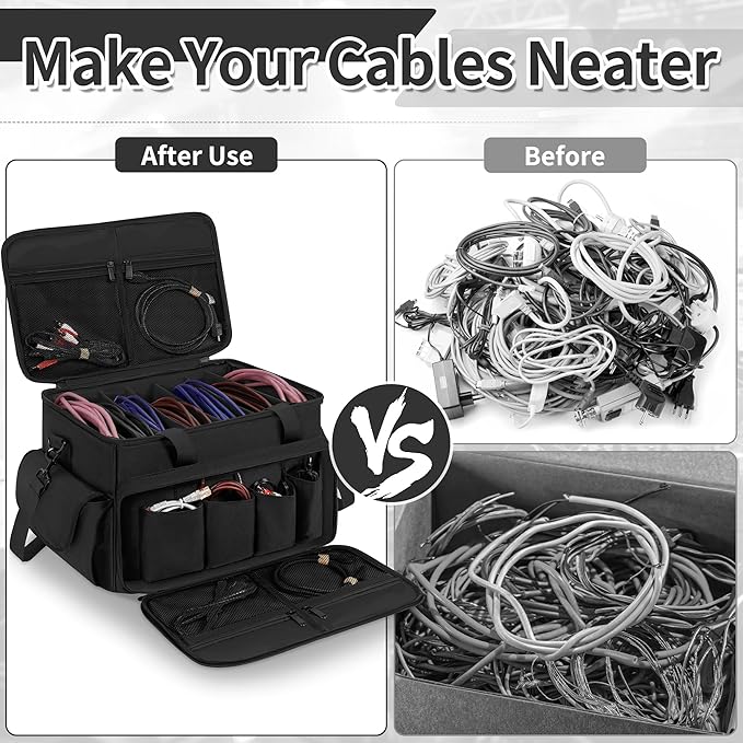 Cable File Bag With Adjustable Dividers Dj Gig Bag for Cables, Cords,DJ Gear,Sound Instrument and Accessories 16L x 11W x 12H inch Black