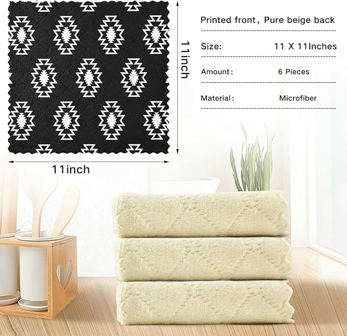 CaTaKu Geometric Ethnic Boho Kitchen Dish Cloths, 6 Pack Reusable Dish Rags for Washing Dishes, Microfiber Cleaning Cloths Dish Towels Washcloths for Kitchen Drying
