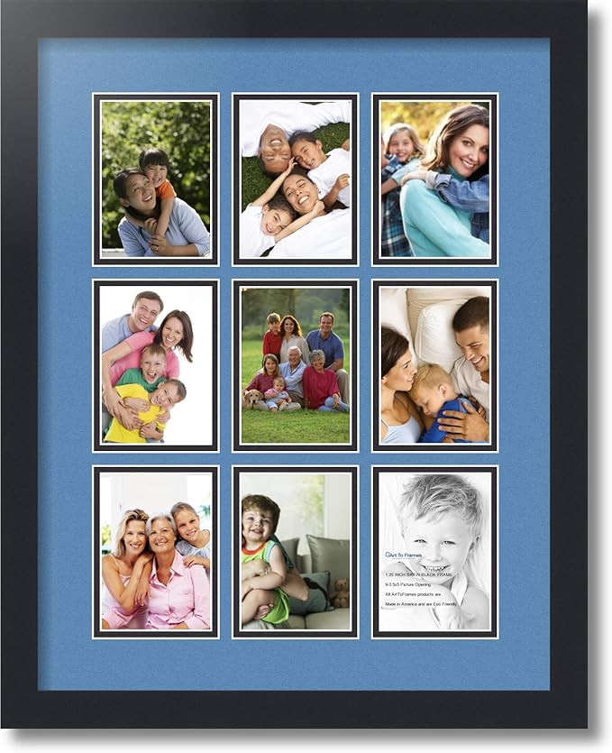 ArtToFrames Collage Photo Frame Double Mat with 9-3.5x5 Openings with Satin Black Frame and Liberty Blue mat.