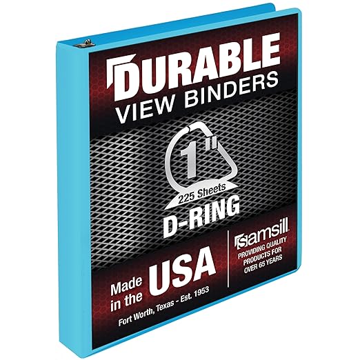Samsill Durable 1 Inch Binder, Made in The USA, D Ring Binder, Customizable Clear View Cover, Sky Blue, Holds 225 Pages