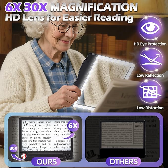 6X 30X Magnifying Glass with Light, Rechargeable Handheld Magnifying Glass for Reading, LED Lighted Lightweight Rectangular Full Page Magnifier for Reading Small Prints Seniors Low Vision (Black)