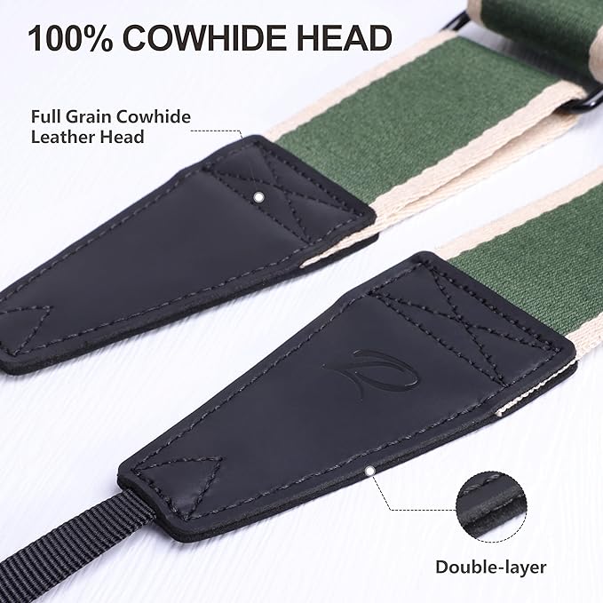 Padwa Lifestyle Adjustable Camera Strap - 2" Top Layer Cowhide Head Camera Straps for Photographers,Soft Cotton Crossbody Strap with Quick Release fits All Cameras - Green Stripe