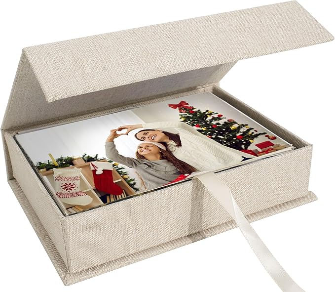Hiwhy Photo Storage Box 5x7, Linen Photo Box, Memory Box Perfect to Store Your Photo, Pictures, Certificates, Scrapbooking Supplies, Keepsakes and Jewelry Beige