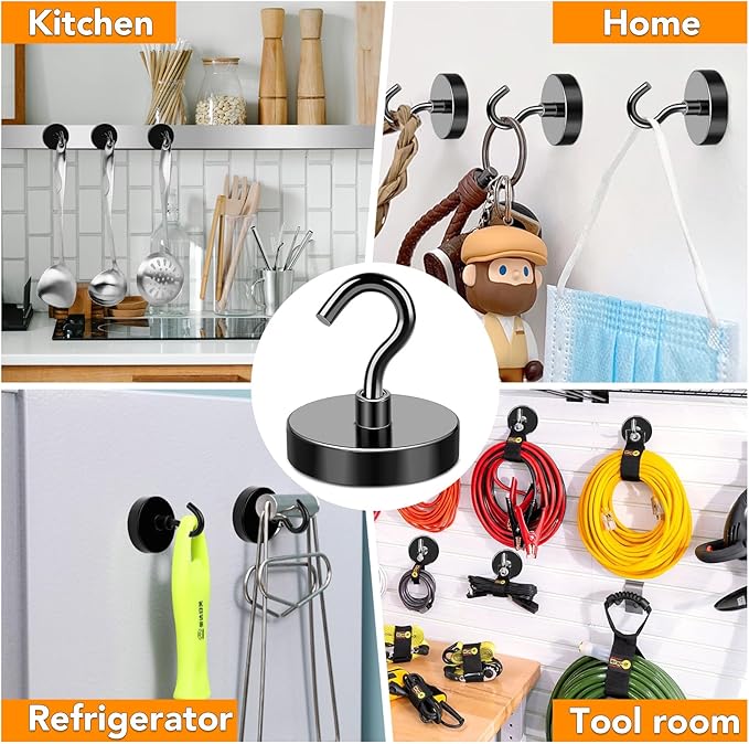 MIKEDE Magnetic Hooks, 170LB Super Strong Magnet Hooks Heavy Duty for Cruise Essentials, Black Neodymium Earth Magnets with Hook for Hanging, Magnetic Metal Hanger for Fridge, Toolbox - 4 Pack