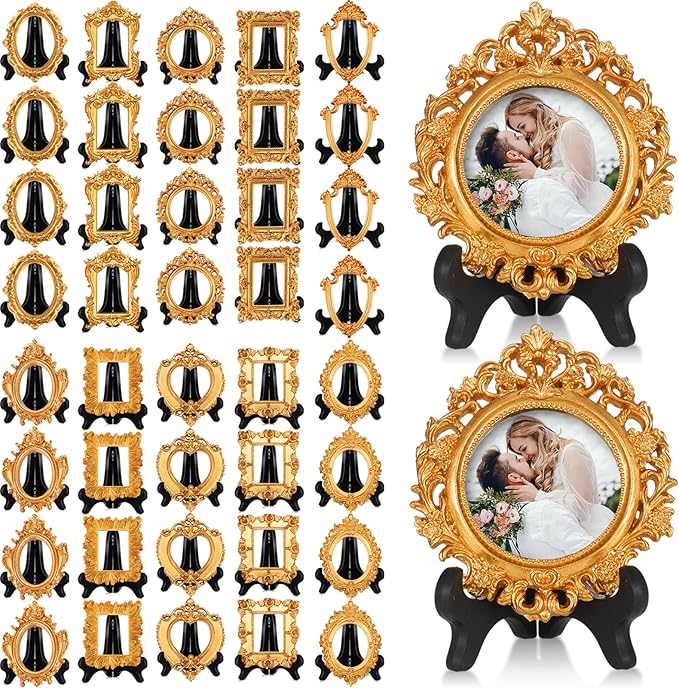 Tatuo 40 Sets Mini Picture Frames and Display Stands Vintage Resin Picture Frame Resin Holder for Home Office Bedroom Living Room Wedding Decor (Gold)
