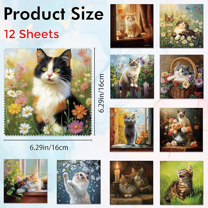 FREEBLOSS 24Pcs Microfiber Cleaning Cloth Cat Pattern Glasses Cleaner Cloths Eyeglass Cleaning Cloth Premium Thick Cloth for Glasses Oil Painting Cleaning Cloth for Window Mirrors 6.3x6.3inch