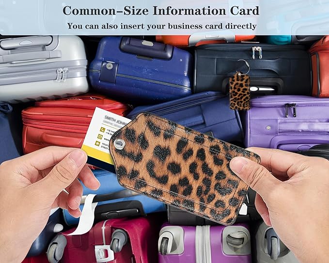 (Set of 2) Luggage Tag Leather Privacy Cover ID Label Address Card with Stainless Steel Loop, Travel Bag Tags Suitcase Labels, Leopard Leather