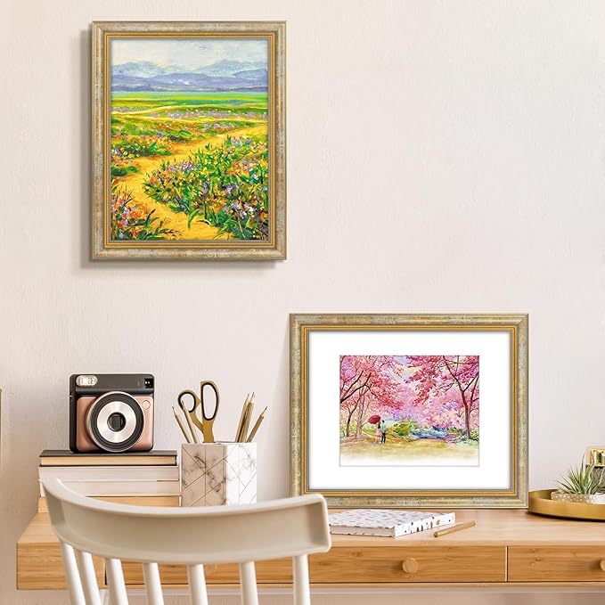 Golden State Art,11x14 Ornate Picture Frame for 8x10 Photo with Mat or 11 x 14 Prints Without Mat, Real Glass Wall Display Horizontally or Vertically (Color:Vintage Gold)