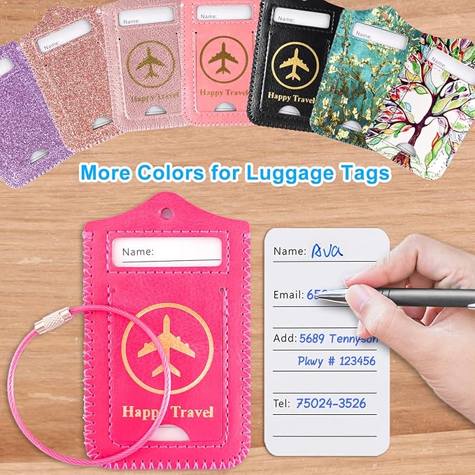 Luggage Tags, ACdream Leather Case Luggage Bag Tags Travel Tags 2 Pieces Set, Pink