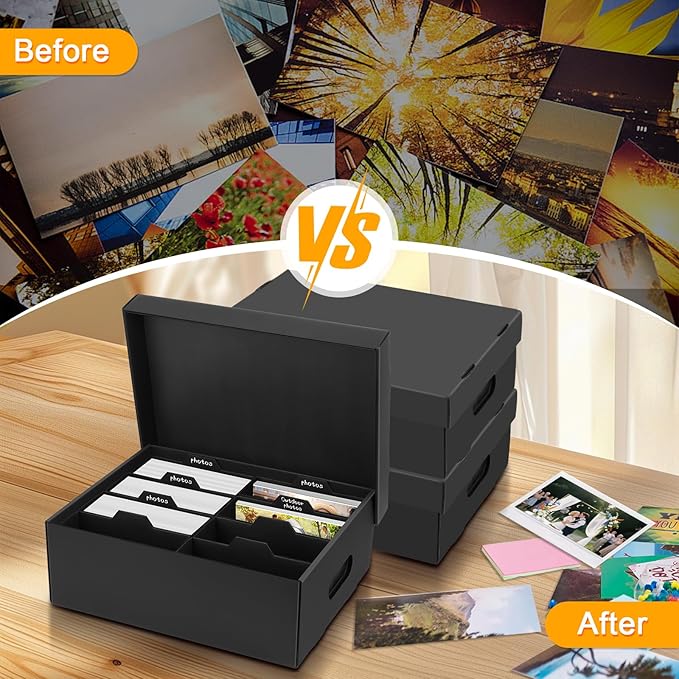 ATPWONZ 3 PCS Photo Storage Box for 5"x7" Photos, with 24 Inner Picture Boxes, 15“ x 10.3“ x 6.1“ Photo Organizer Box, Portable Scrapbook Photo Boxes with Lid, for Photo Stickers Stamps Seeds(Black)