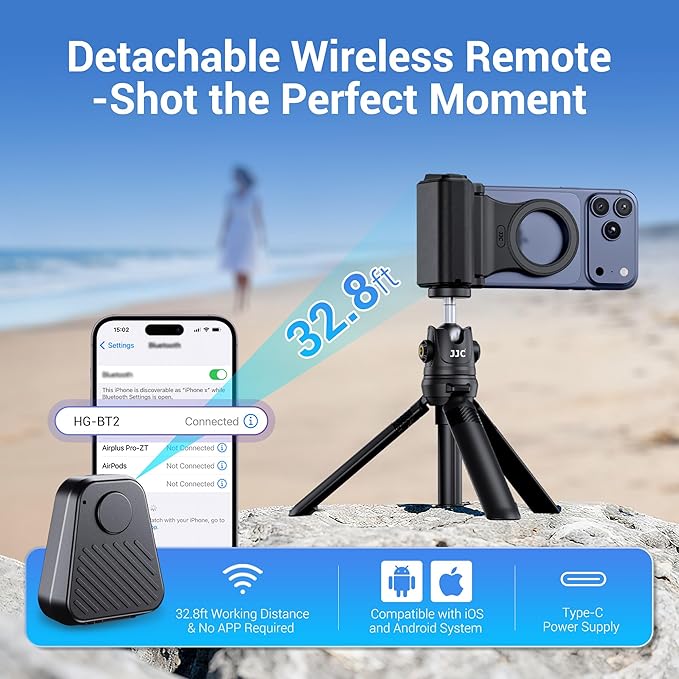 JJC Upgraded Magnetic Phone Camera Grip with Remote, Cell Phone Camera Grip Handle Compatible with MagSafe iPhone Android Phones, with 1/4" Tripod Screw for Vlogging Video Recording Selfie