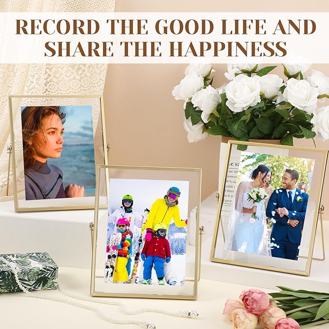 Hoteam 12 Pack 8 x 10 Inch Gold Floating Frame for Photo 6 x 8 Inch, Glass Floating Picture Frame Collection Vintage Metal Minimal Ornate Easel for Wedding Gift Pictures Photos Desk Tabletop Display