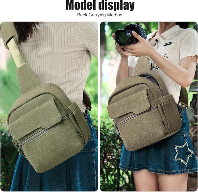 Cwatcun Camera Sling Bag Compact Small Camera Case, Waterproof Canvas Crossbody Camera Bag with Rain Cover, Travel Photography Bag for Canon Nikon Sony Fuji DSLR/SLR/Mirrorless Cameras, Lens, Green