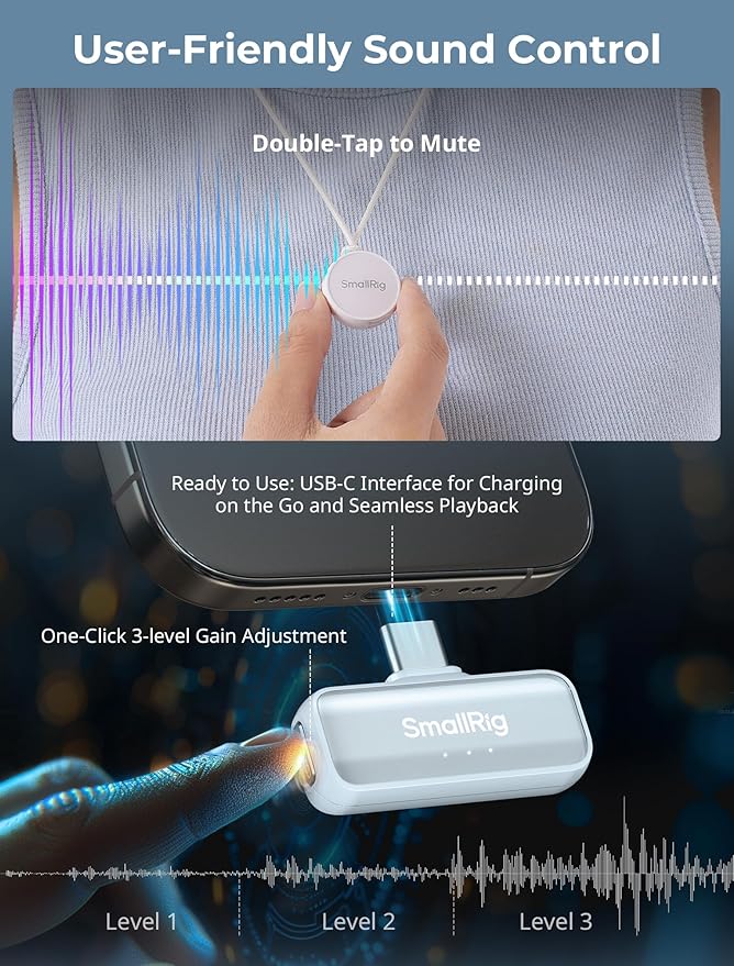 SMALLRIG S60 Wireless Lavalier Microphone with USB C for iPhone, for Android, Mini Mic with 44H Battery, Noise Reduction, Mute, Gain, Clip On Lapel Mic for Video Recording, Vlogging, Interview,White