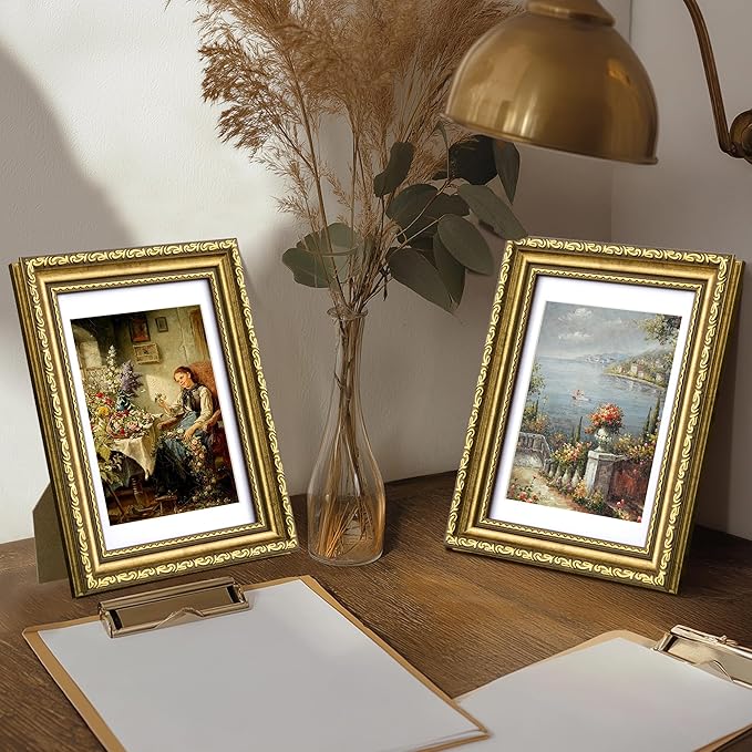 eletecpro 5x7 Picture Frames Set of 4, Gold Photo Frames with Glass Cover, Vintage Picture Frame 5 x 7 Displays 4x6 Photo with Mat or 5x7 without Mat for Tabletop or Wall Decor, Gold
