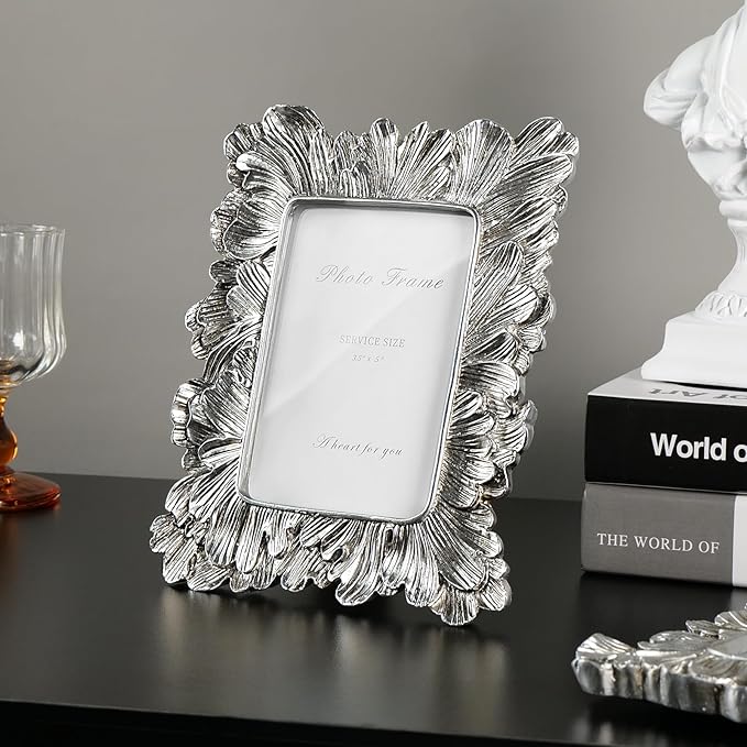 Cuspin Silver 3x5 Picture Frame, Vintage Silver Palm Leaves Textured Hand-Crafted Resin with Glass Front, Small Frames Elegant Wedding Frame for Wall Hanging and Tabletop Display