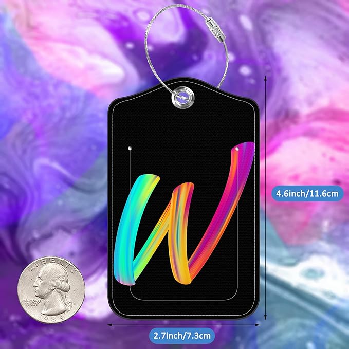 Luggage Tags for Suitcase,2 Pack Neon Colorful Letters Luggage Tags,Leather Baggage Tags Identifiers with Privacy Name Address Labels and Metal Loop for Women Men Girls Travel,Letter W