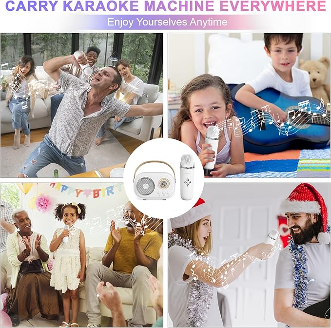 Mini Karaoke Machine for Kids,Portable Bluetooth Speaker with 2 Wireless Microphone,Toys for Girls Boys Gifts,Retro Speaker Set Stereo Sound Enhanced Bass for Home Party Birthday (White)