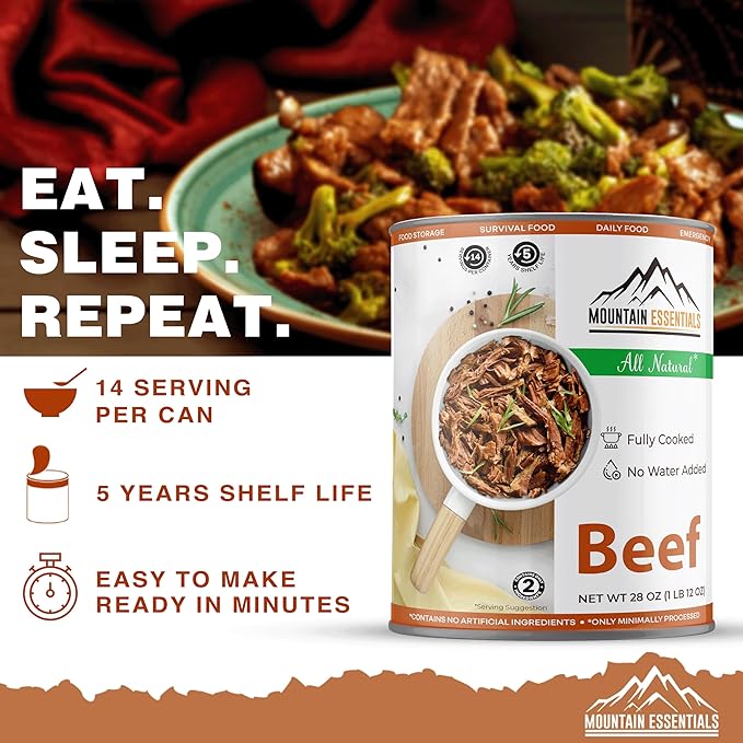 MOUNTAIN ESSENTIALS All Natural Canned Beef 28 Oz – Fully Cooked, Ready to Eat, Gluten Free – Canned Meat for Daily Use, Emergency, Survival & Camping – 5-Year Shelf Life – Made in USA – Pack of 12