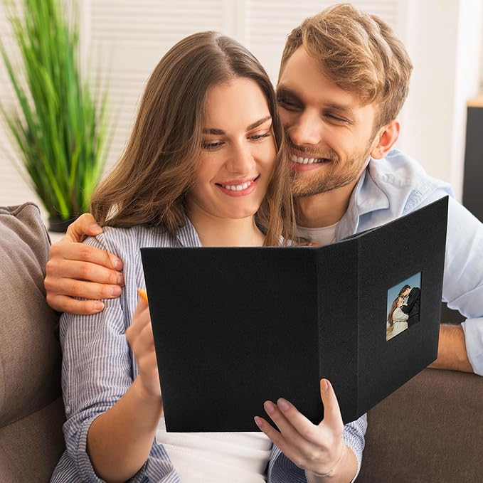 Remowith Cloth Cover Photo Album 4x6 with DIY Square Window Slip in Photo Book for Travel, Wedding, Anniversary 200 Pockets Black