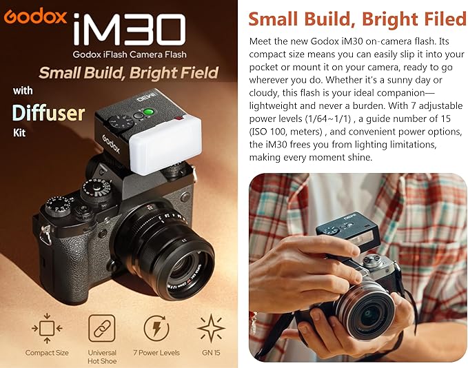 Godox iM30 Mini Flash Camera Flash with Diffuser, GN 15,7 Power Levels,CCT 6500K±200K,Manual Flash Speedlite for Canon/Sony zv1/Sony zve10 /Ricoh gr3/Nikon/Fuji f1-230 Full-Power Flashes/3.6S Recycle