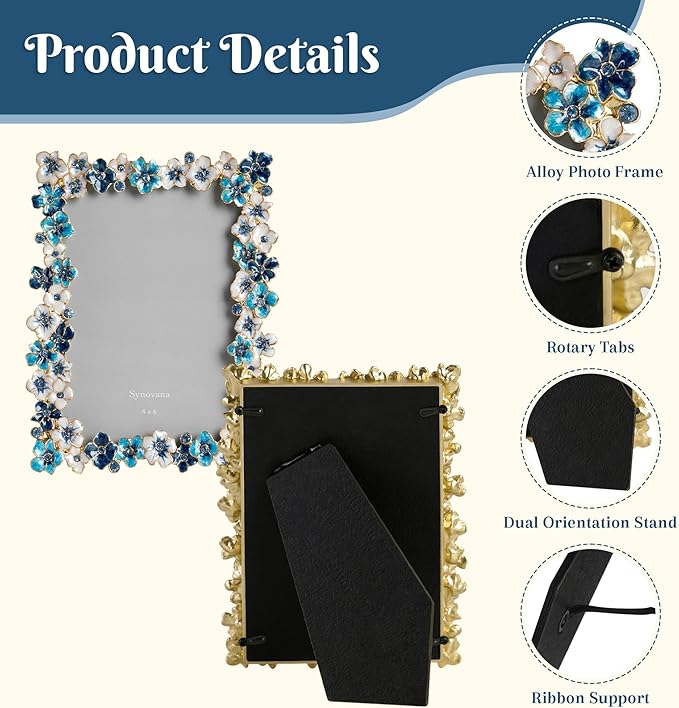 Blue Flower Picture Frame 4x6 Blossom Photo Frame for Tabletop Display, Decorative Flower Design Home Decor