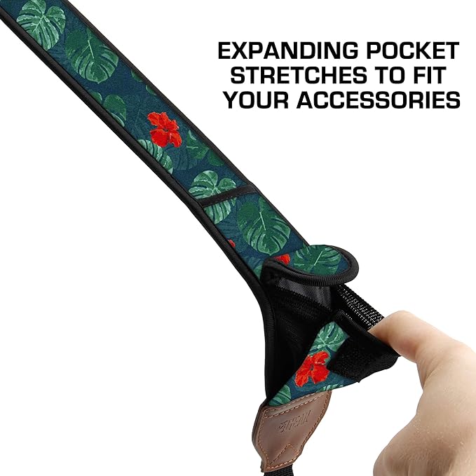 USA Gear TrueSHOT Camera Strap Neoprene Camera Straps - Padded Neck Strap, Pockets, and Quick Release Buckles - Compatible with Canon, Nikon, Sony and More DSLR and Mirrorless Cameras (Tropical)