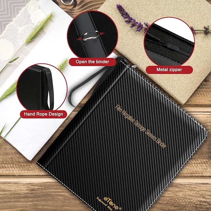 eTone Film Negative Storage Box, Black PU Leather, 13.18x7.08x1.96 Inch, 3-Ring Binder Album with Velvet Lining for 35mm 120 4x5 8x10 Negatives