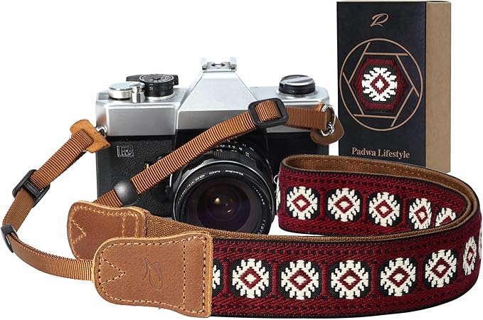 Padwa Lifestyle Camera Strap - 1.5" Crazy Horse Cowhide Head Cotton Strap,Vintage Embroidery Camera Straps for Photographers and All Cameras,Cute Adjustable Shoulder Neck Strap for Adults & Kids
