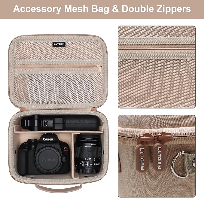 Camera Case Compatible with Canon EOS Rebel T7/R50/R6 Mark II/R100/R50 V/T6/R8/R10/R5 Mark II/RP/R7/5D Mark IV/SL3/R5/T100 DSLR SLR Camera, Len and Tripod with 4 Dividers and Shoulder Strap, Beige