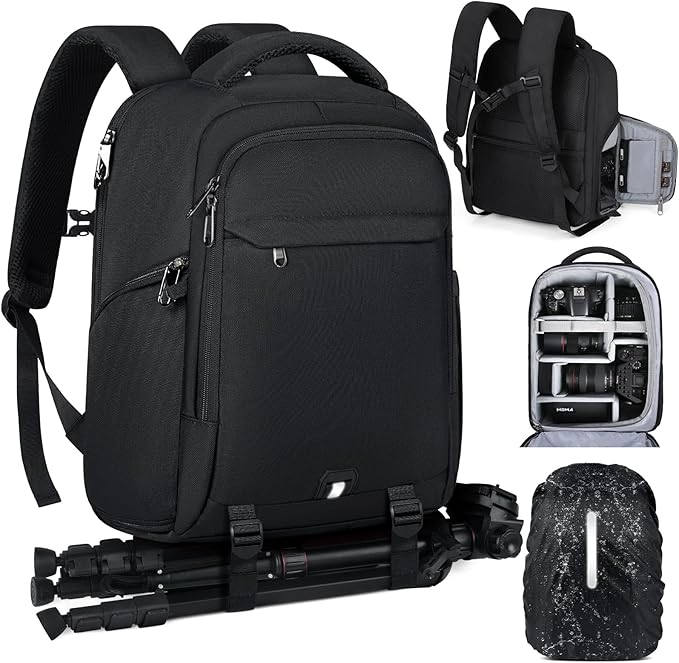 RAINSMORE Camera Backpack Camera Bag for Photographer DSLR SLR Mirrorless Camera Cases with Waterproof Rain Cover & Laptop Compartment Fit 15.6 Inch Laptop,Anti Theft Travel photography backpack,Black