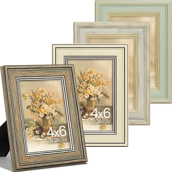 Vittanly 4x6 Picture Frame Set of 4, Vintage Photo Frame for Wall or Tabletop, Display 4x6 Pictures, Rustic Farmhouse Home Decor, Multicolour