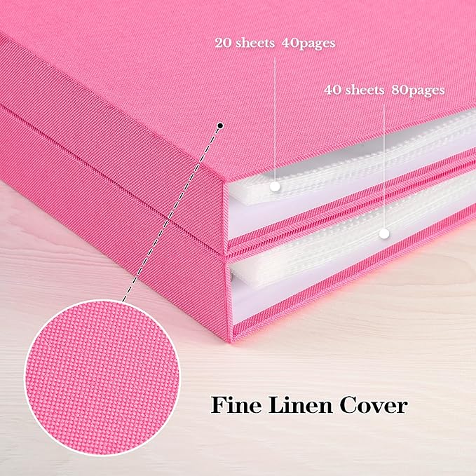 Mublalbum 12x12 Inch Large 3 Ring DIY Scrapbook Photo Album with 40 Plastic Sleeves 80 Pages Linen Cover Folder Binder for Baby Travel Wedding Couple Anniversary and DIY Projects (Pink)
