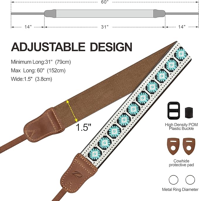 Padwa Lifestyle Camera Strap - 1.5" Crazy Horse Cowhide Head Cotton Strap,Vintage Embroidery Camera Straps for Photographers,Cameras,Binoculars,Cute Adjustable Shoulder Neck Strap for Adults & Kids