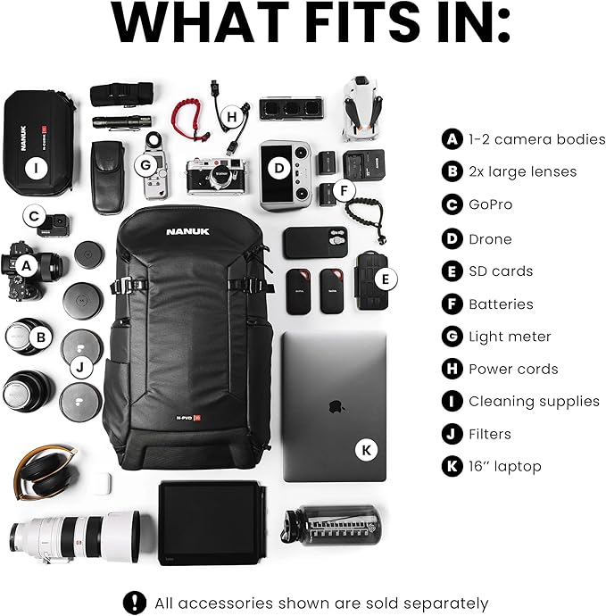 NANUK N-PVD 30L Camera Backpack – Water-Repellent with Rain Cover, Fits 2 Cameras, Drone, Tripod & 16" Laptop Compartment, Carry-On Approved – For Photographers, Travel & Hiking – Black