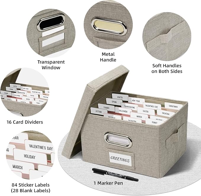 Hiwhy Greeting Card Storage Box, Linen Storage Box with 16 Adjustable Dividers, 84 Labels, 1 Marker Pen, Perfect for Organizing Greeting Cards, Envelopes, Photos 1 Pack Beige