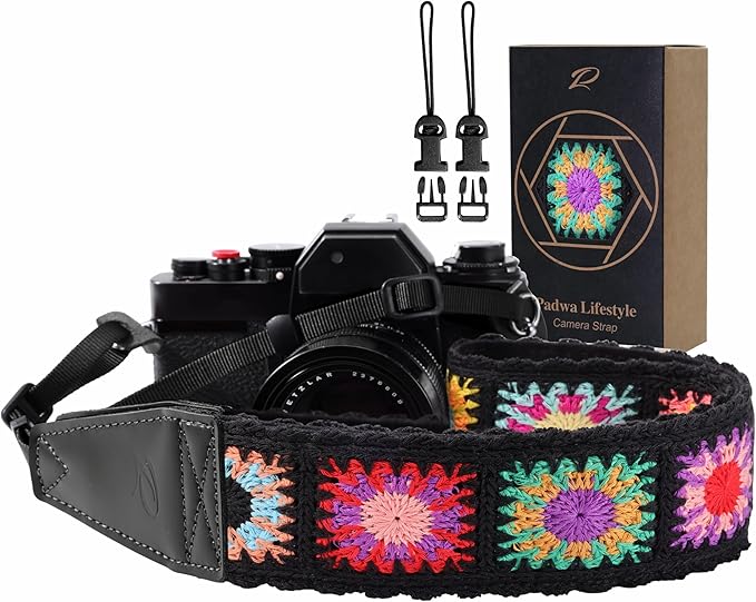 Padwa Lifestyle Colorful Crochet Camera Strap - 2" Full Grain Leather Ends Camera Straps for Photographers, Vintage Embroidered Cotton Soft Suede Fabric Padded Strap Quick Release fits All Cameras