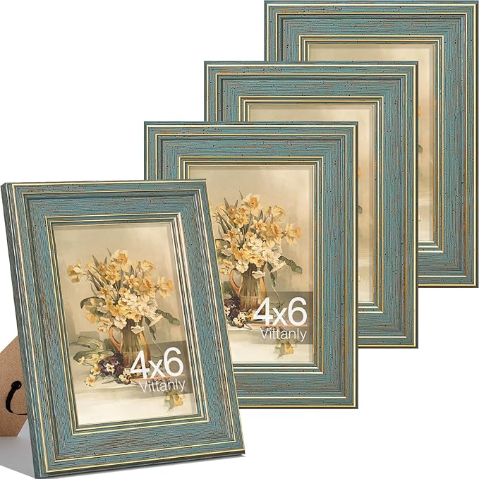 Vittanly 4x6 Picture Frame Set of 4, Vintage Photo Frame for Wall or Tabletop, Display 4x6 Pictures, Rustic Farmhouse Home Decor, Blue