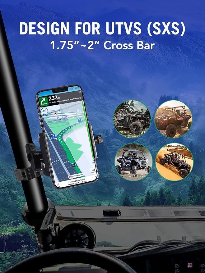 UTV Phone Holder, SXS Phone Holder Mount on 1.75"-2" Roll Cage Bar, Fits 4.7"-7.8" Smart Devices. Stable and Strong Design for UTV ATV and SXS. Free View of Portrait and Landscape