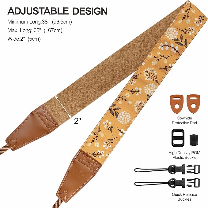 Padwa Lifestyle Camera Strap - 2" Full Grain Leather Ends Camera Straps for Photographers, Vintage Embroidered Cotton Weave Soft Suede Fabric Padded Strap Quick Release fits All Cameras
