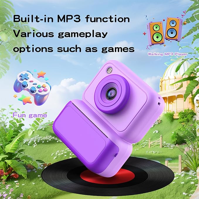 Kids Camera Instant Print, Instant Camera with 4 Roller Photo Paper & 32GB Card, 1080P Dual-Lens Digital Camera for Kids, Boys and Girls Toys Gifts for Teenage Girls Kids Toys for Ages 8-13 (Purple)