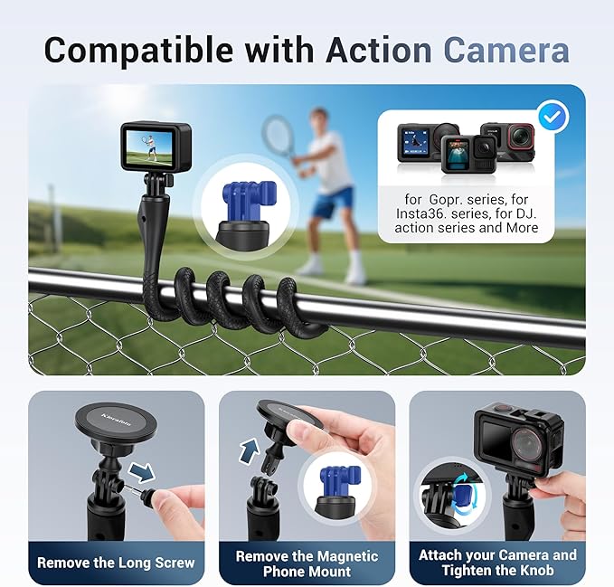 Magnetic Flexible Phone Mount Holder for iPhone 17 16 15 14 Pro & Action Camera,29.5'' Long Arm Bendable Selfie Stick Stand Phone Adapter with 1/4"20 for Osmo 360 Action 5 Pro 4 3 Treadmill Stroller