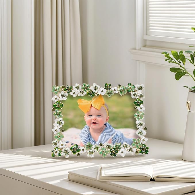 Green Flower Picture Frame 4x6 Blossom Photo Frame for Tabletop Display, Decorative Flower Design Home Decor