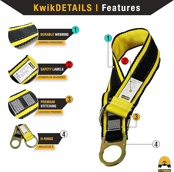 KwikSafety - Charlotte, NC - Gibbon Grip 3 ft [System] Anchor Cross Arm Strap, 10’ Self Retracting Lifeline 6’ Safety Lanyard 3 D-Ring Harness 10 lb Tool Lanyard Fall Arrest OSHA ANSI