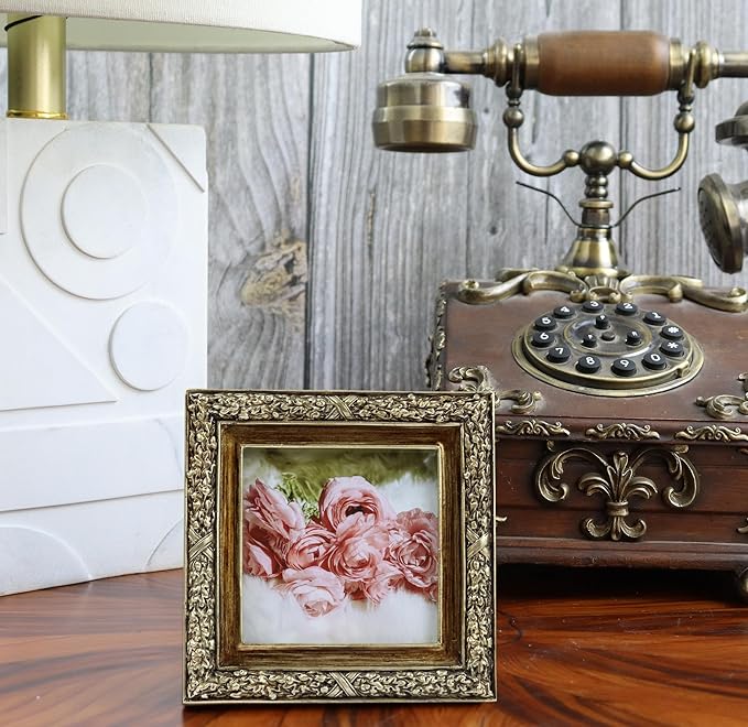 Hymmah 3 * 3inch Mini Wallet Picture Frame Vintage Photo Frame Ornate Textured Hand-Crafted Resin Frame with Easel&Hook for Tabletop&Wall Display,Photo Gallery,Art